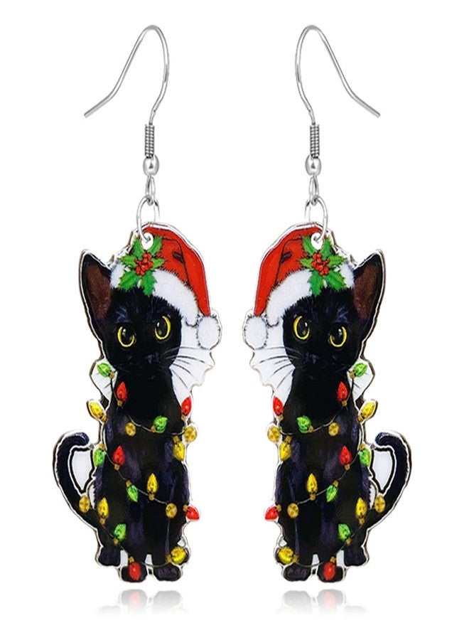 WCRAZYE Handmade Halloween Black Cat Earring for Women Girls Lightweight Skeleton Cat Drop Earring Cute Bell Christmas Cats Dangle Earrings (Christmas Cat) - Image 1